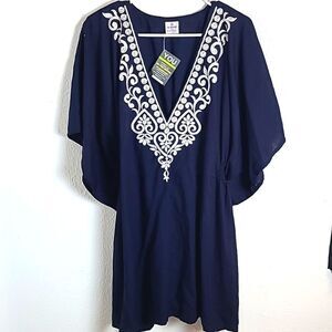 LaLeela Navy Dress with White Embroidered Neckline, Kimono Sleeves, OSFM, NWOT